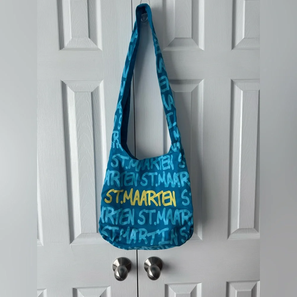 St Maarten Canvas Hobo Shoulder Bag Teal Ocean Blue Yellow Glitter Resortwear